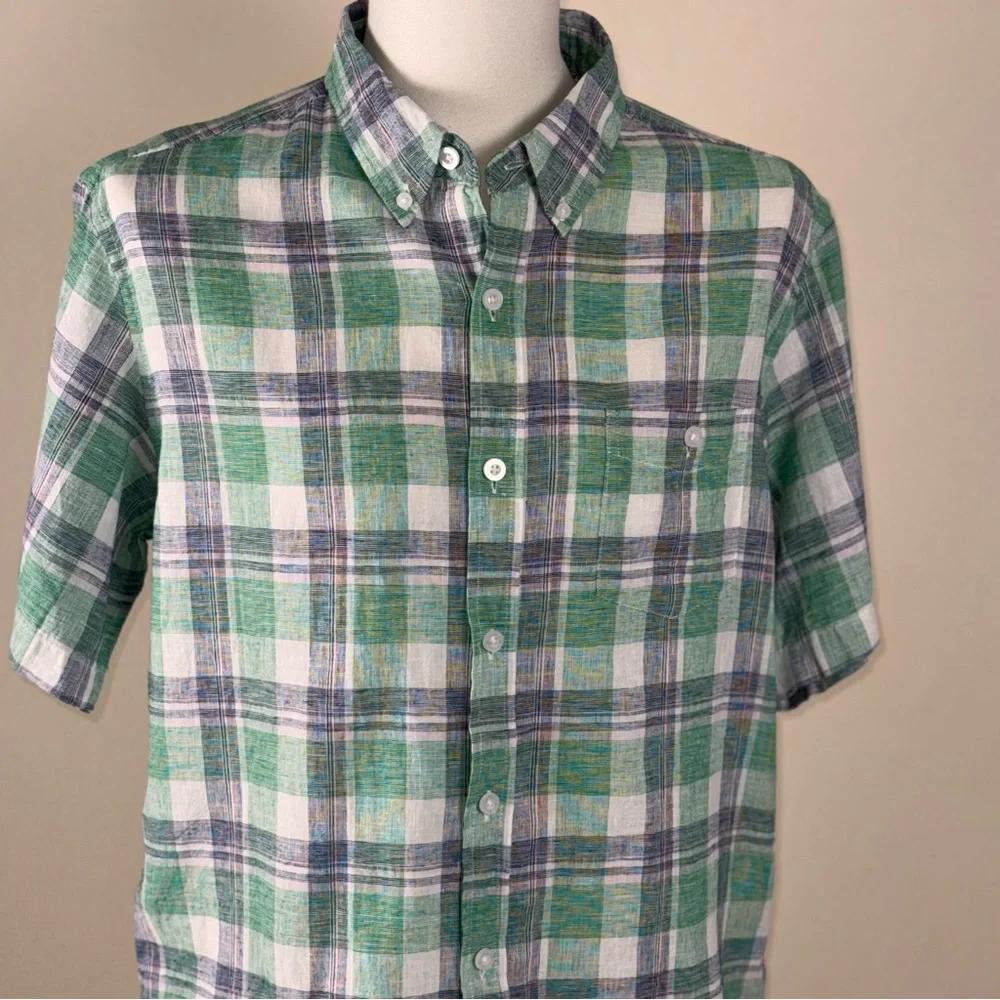 Weatherproof Vintage Men’s Large Linen Green & White Plaid Short Sleeve Shirt - Picture 1 of 10